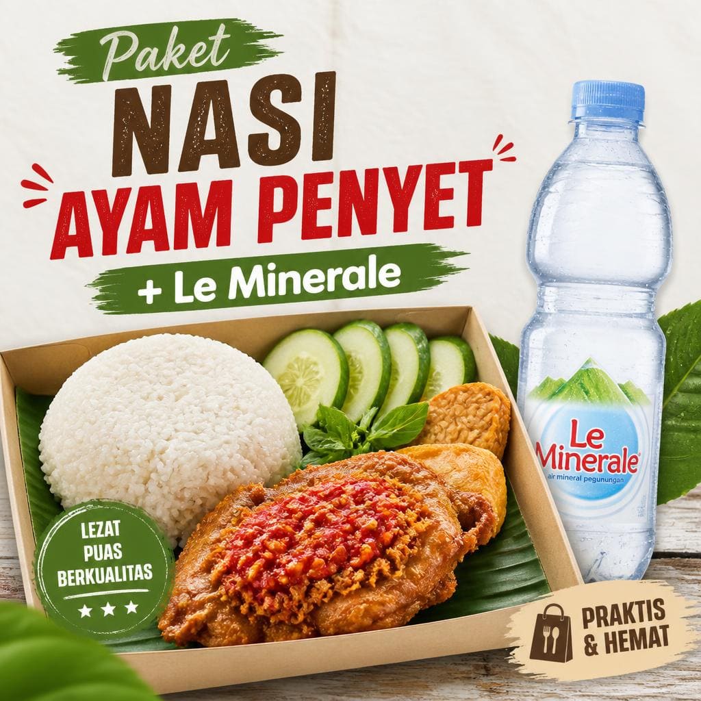 Paket Nasi Ayam Penyet Le Minerale dari Bakso Lapangan Tembak Senayan